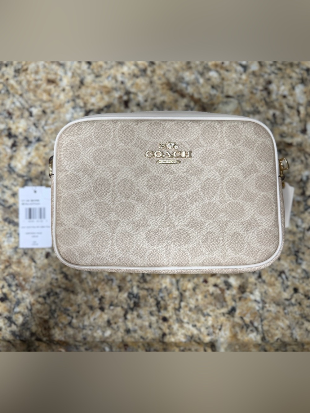 Coach Beige Signature Camera Crossbody with Gold Logo